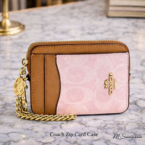 NEW Coach Zip Card Case Powder Pink Signature Canvas Charm CEC50 NWT